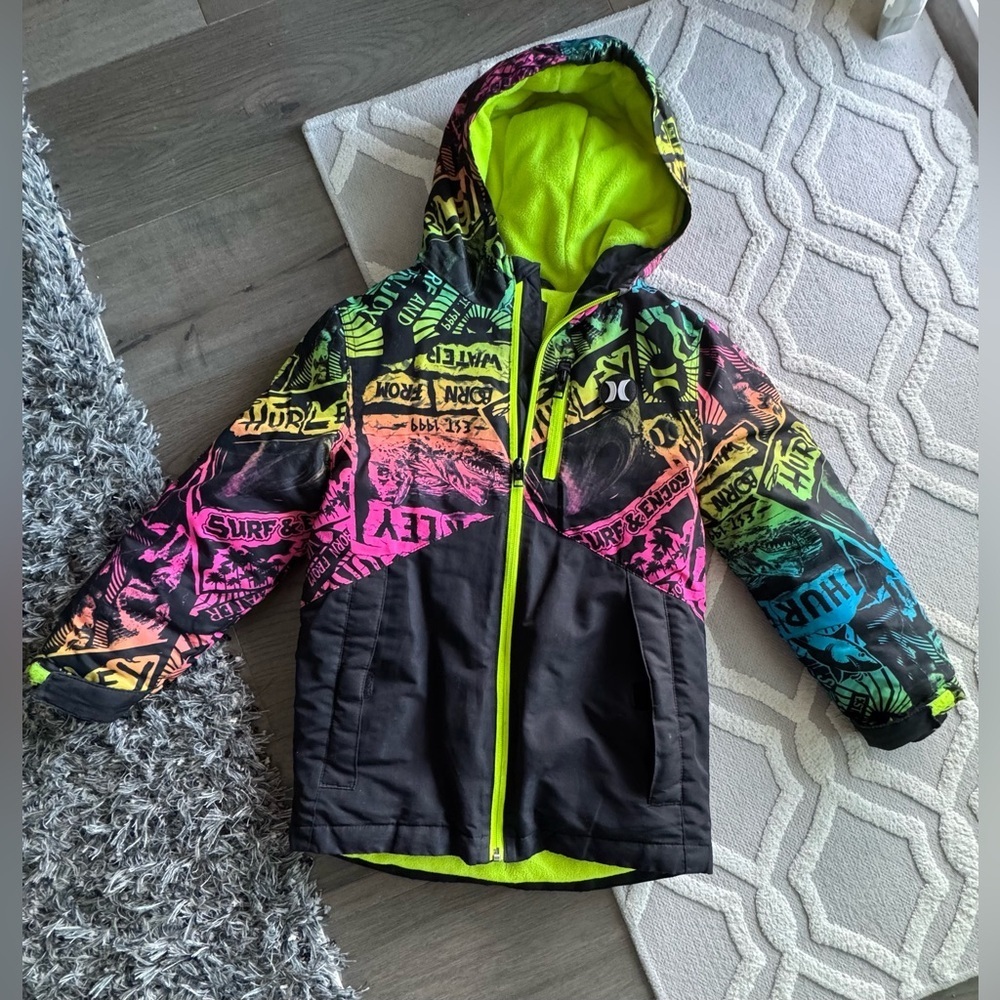 Hurley Boys Winter Jacket – Size 5/6 | Neon Lined Hooded Puffer Coat